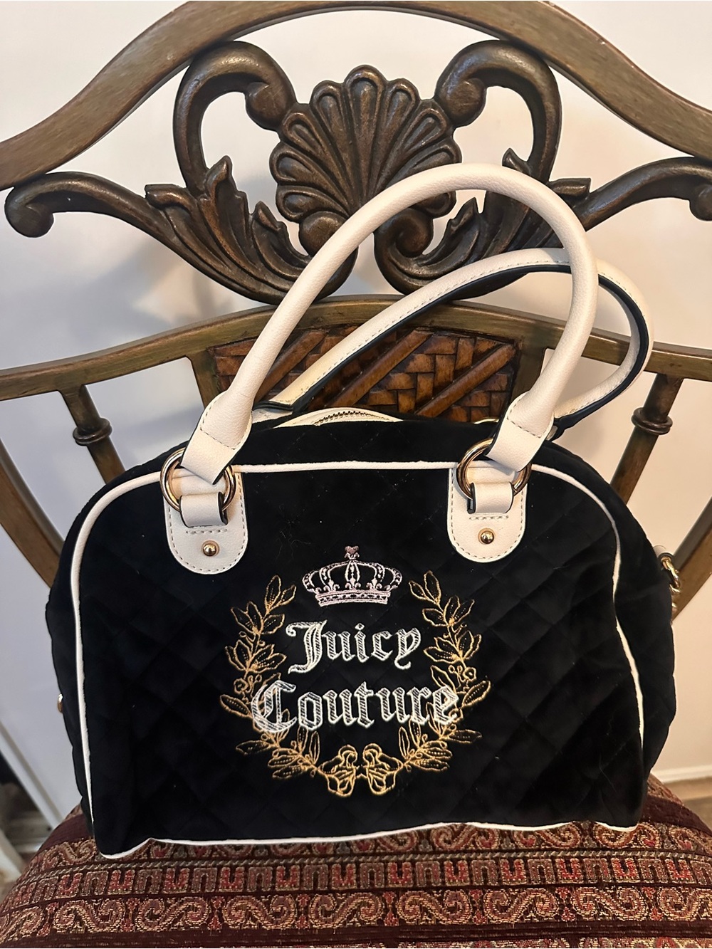 Juicy Couture Black Quilted Satchel with Cream Handles and Gold Embroidery